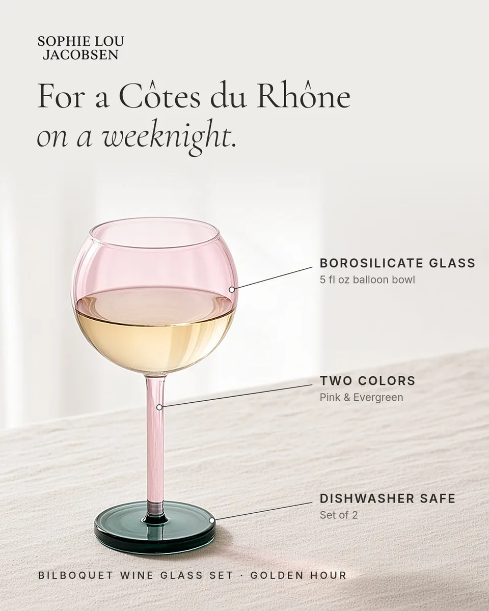 Static ad design featuring Sophie Lou Jacobsen Bilboquet wine glasses