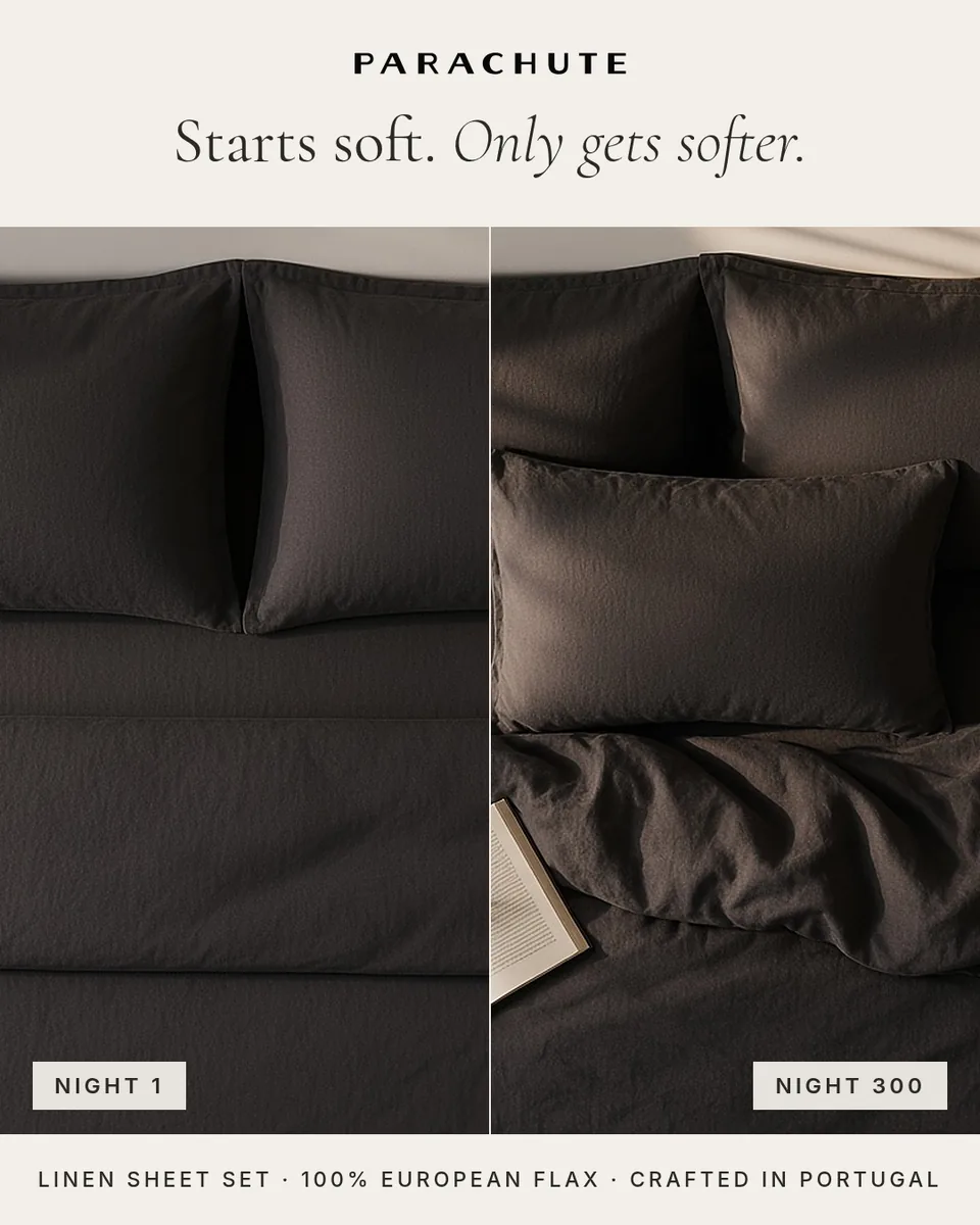 Static ad design featuring Parachute linen sheet set