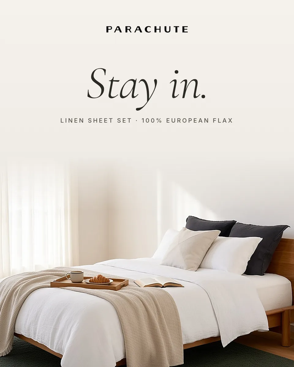 Static ad design featuring Parachute linen bedding