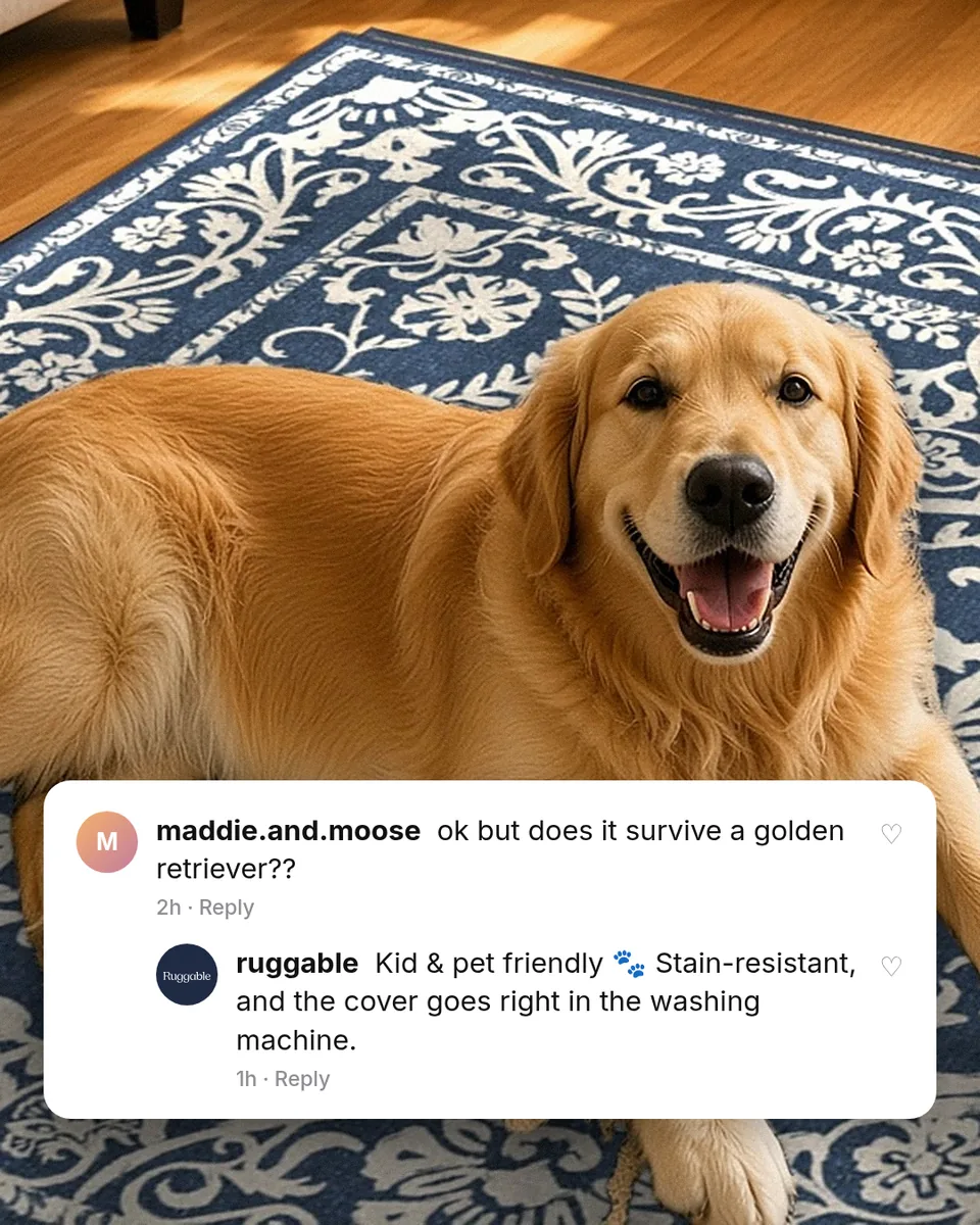 Static ad design featuring Ruggable Delphina rug with dog