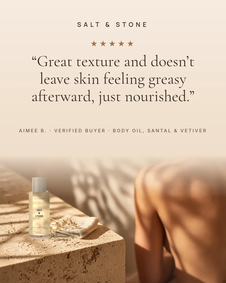Static ad design featuring Salt & Stone Body Oil review